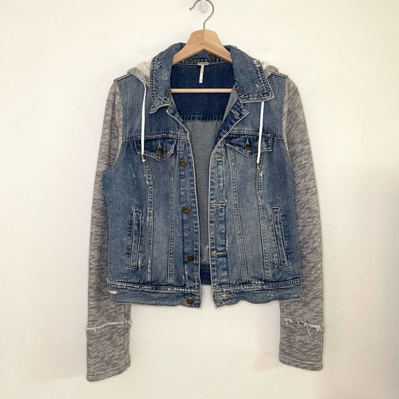 Free People Throwback Distressed Denim Knit Hooded Jacket Medium - Picture 4 of 16